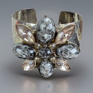 Vintage aged, Silvertone oxidized, colored accent, large cuff, runway bracelet